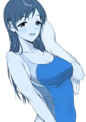 Rule 34 | 1girl, blue theme, blush, breasts, cleavage, collarbone, competition swimsuit, dutch angle, goshiki suzu, highres, holding, holding towel, idolmaster, idolmaster cinderella girls, long hair, looking at viewer, medium breasts, monochrome, nitta minami, one-piece swimsuit, simple background, smile, solo, straight hair, swimsuit, towel, upper body, very long hair, wet, wet hair, white background