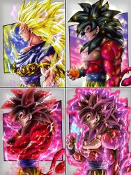 1boy absurdres aura biceps black_hair blue_sash body_fur closed_mouth commentary_request dragon_ball dragon_ball_(object) dragon_ball_gt dragonball_z from_side highres hiro_(udkod1ezlyi2flo) holding long_hair male_focus monkey_boy monkey_tail muscular muscular_male no_nipples pants pectorals profile red_fur saiyan sash solo son_goku spiked_hair super_full_power_saiyan_4 super_full_power_saiyan_4_limit_breaker super_saiyan super_saiyan_3 super_saiyan_4 tail upper_body