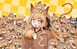 Rule 34 | 6+girls, :3, :d, @ @, absurdres, animal, animal ears, animalization, apple, arknights, arms up, baguette, black jacket, boned meat, bread, bread slice, brown hair, brown hoodie, burger, cake, ceobe (arknights), character request, checkered background, chibi, chicken leg, chocolate chip cookie, chopsticks, closed eyes, closed mouth, commentary, cookie, cup, cup ramen, disposable cup, dog, dog ears, doughnut, english commentary, fish (food), food, food on head, fruit, grey hair, highres, holding, holding chopsticks, holding cup, holding food, hood, hood down, hoodie, horns, hot dog, ice cream, ice cream cone, jacket, long sleeves, meat, multiple girls, multiple persona, mumei518, mushroom, nigirizushi, object on head, on head, onigiri, open mouth, pizza, pizza slice, puffy long sleeves, puffy sleeves, red apple, red eyes, sausage, smile, soft serve, sushi, taco, taiyaki, wagashi, white jacket