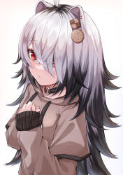 Rule 34 | 1girl, absurdres, animal ears, bisuke (isbsk ekaki), black choker, black hair, blush, brown sweater, choker, closed mouth, cookie hair ornament, food-themed hair ornament, hair ornament, hair over one eye, hands on own chest, highres, long hair, long sleeves, looking at viewer, multicolored hair, o-ring, o-ring choker, original, own hands together, red eyes, silver hair, simple background, solo, sweater, two-tone hair, upper body, white background