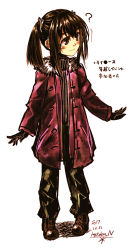 Rule 34 | 1girl, ?, black footwear, black gloves, black pants, blush, boots, brown eyes, brown hair, closed mouth, coat, commentary request, dated, full body, fur trim, gloves, kotoba noriaki, long sleeves, looking to the side, original, pants, pigeon-toed, signature, simple background, solo, standing, translation request, twintails, white background, winter clothes, winter coat