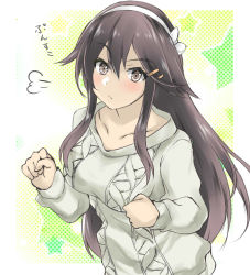 Rule 34 | 1girl, black hair, brown eyes, commentary request, gakky, hair ornament, hairband, hairclip, haruna (kancolle), kantai collection, long hair, looking at viewer, official alternate costume, solo, sweater, white hairband, white sweater