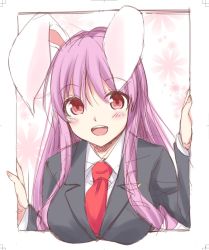 Rule 34 | 1girl, :d, animal ears, black jacket, blazer, blush, border, breasts, commentary request, crescent, crescent pin, floral background, hands up, hisae (hisae collect), jacket, large breasts, long sleeves, necktie, open mouth, outside border, purple hair, rabbit ears, red eyes, red necktie, reisen udongein inaba, shirt, sidelocks, sketch, smile, solo, touhou, upper body, white background, white border, white shirt