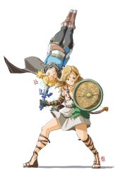 Rule 34 | 1boy, 1girl, :i, anger vein, annoyed, archaic set (zelda), automatic giraffe, black pants, blonde hair, blue eyes, blue shirt, boots, brown footwear, cape, closed eyes, frown, full body, highres, holding, human weapon, link, master sword, nintendo, official alternate costume, official alternate hair length, official alternate hairstyle, pants, pointy ears, pout, princess zelda, shadow, shirt, short hair, simple background, sunrise stance, the legend of zelda, the legend of zelda: breath of the wild, the legend of zelda: tears of the kingdom, thick thighs, thighs, v-shaped eyebrows, white background