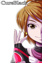 Rule 34 | 00s, 1girl, bloom, brown hair, character name, cure black, fingerless gloves, futari wa precure, gloves, heart, highres, magical girl, misumi nagisa, nishi koutarou, out of frame, portrait, precure, short hair, simple background, smile, solo, upper body, white background, yellow eyes