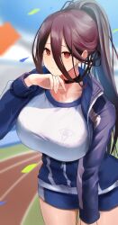 Rule 34 | 1girl, absurdres, black choker, black hair, blue archive, blush, choker, collarbone, day, gym shirt, gym shorts, gym uniform, hair between eyes, hasumi (blue archive), hasumi (track) (blue archive), highres, jacket, keita (kmfirstday), long hair, mole, mole under eye, official alternate costume, outdoors, partially unzipped, ponytail, red eyes, shirt, shorts, smile, solo, thighs, track jacket, wiping sweat