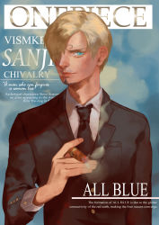Rule 34 | 1boy, absurdres, blonde hair, blue eyes, cigar, closed mouth, english text, formal, hair between eyes, highres, loisado, looking at viewer, necktie, one eye covered, one piece, sanji (one piece), short hair, smoking, solo, suit