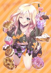 Rule 34 | 1girl, :q, ahoge, asymmetrical shirt, belt, black belt, black choker, black footwear, black jacket, black shirt, blonde hair, boots, burger, checkered clothes, checkered skirt, cherry print, choker, closed mouth, commentary, cookie, cup, cupcake, disposable cup, doughnut, food, food print, full body, green eyes, halloween, halloween costume, highres, holding, holding food, jacket, jewelry, kneeling, kuroi mimei, long hair, long sleeves, looking at viewer, midriff, miniskirt, navel, necklace, one eye closed, orange background, original, pie, purple skirt, shirt, skirt, smile, solo, tongue, tongue out