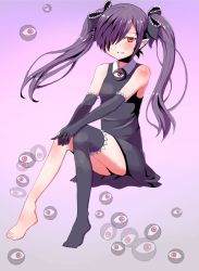 Rule 34 | 1girl, backbeako (torotei), backbeard, barefoot, black dress, black gloves, black hair, black ribbon, black thighhighs, blush, commentary request, dress, elbow gloves, feet, gegege no kitarou, gloves, hair over one eye, hair ribbon, highres, long hair, looking at viewer, original, pointy ears, purple background, red eyes, ribbon, simple background, single thighhigh, sitting, sleeveless, sleeveless dress, smile, solo, tattuwttakabc, thighhighs, toes, twintails