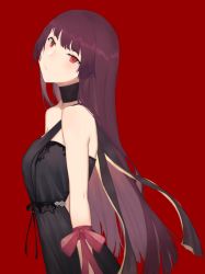 Rule 34 | 1girl, alternate hairstyle, arm across waist, arm ribbon, bare shoulders, black dress, black gloves, blunt bangs, blush, breasts, closed mouth, cowboy shot, dress, from side, girls&#039; frontline, gloves, head tilt, jewelry, long hair, looking at viewer, md5 mismatch, medium breasts, official alternate costume, oka ball, purple hair, red background, red eyes, resolution mismatch, ribbon, sidelocks, simple background, solo, source larger, tsurime, very long hair, wa2000 (ballroom interlude) (girls&#039; frontline), wa2000 (girls&#039; frontline)