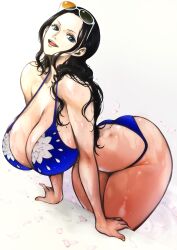 Rule 34 | 1girl, absurdres, alternate breast size, arched back, arm support, ass, bare legs, bikini, blue bikini, blush, breasts, butt crack, cleavage, curvy, earrings, greyscale, highres, huge ass, jewelry, kyuugata, large breasts, long hair, looking at viewer, monochrome, nico robin, one piece, open mouth, petals, shiny skin, simple background, smile, solo, standing, sunglasses on head, sweat, swimsuit, thong bikini, very long hair, water, wet, white background, wide hips