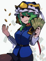 Rule 34 | 1girl, asymmetrical hair, bad id, bad twitter id, belt, belt buckle, black eyes, black skirt, blue vest, bow, buckle, buttons, coin, collared vest, epaulettes, frilled hat, frills, green hair, hat, highres, holding, holding money, holed coin, iganashi1, long sleeves, looking at viewer, looking to the side, miniskirt, money, pantyhose, raised eyebrow, shiki eiki, silhouette, simple background, skirt, smirk, solo, touhou, vest, white background