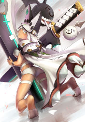 Rule 34 | 1girl, absurdres, arc system works, ass, belt bra, blush, breasts, cape, clover, dark-skinned female, dark skin, female focus, four-leaf clover, from behind, greatsword, guilty gear, guilty gear xrd, highres, huge weapon, kneeling, large breasts, long hair, looking at viewer, looking back, lucifero (guilty gear), ramlethal valentine, shiny skin, short shorts, shorts, sideboob, silver hair, solo, sword, takurowo, thigh strap, weapon