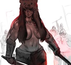 Rule 34 | 1girl, barbarian, bear pelt, blue eyes, braid, breasts, closed mouth, collarbone, dual wielding, fingerless gloves, fur trim, gloves, holding, holding sword, holding weapon, jewelry, large breasts, lips, long hair, mrkg (arsfatuus), navel, necklace, original, pelt, scar, scar on face, single braid, solo focus, sword, tooth necklace, weapon