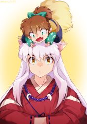 Rule 34 | 2boys, absurdres, animal ears, bead necklace, beads, brown hair, fang, green eyes, hair between eyes, highres, inuyasha, inuyasha (character), jewelry, kachin, long hair, looking at another, magatama, multiple boys, necklace, open mouth, parted lips, patterned, patterned clothing, ponytail, shippou (inuyasha), smile, tail, twitter username, upper body, white hair, yellow eyes
