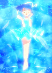 Rule 34 | 1girl, barefoot, blue dress, blue eyes, blue hair, closed eyes, commentary request, dress, facing viewer, feathered wings, full body, glowing clothes, glowing dress, hair undone, highres, hirogaru sky! precure, holding, kyanos (b 0000ff), medium hair, open mouth, partial commentary, precure, short dress, sky mirage, sleeveless, sleeveless dress, smile, solo, sora harewataru, standing, star (symbol), tiptoes, transformation, wind, wind lift, wings
