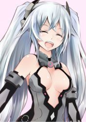 Rule 34 | 10s, 1girl, :d, bare shoulders, black heart (neptunia), blush, breasts, cleavage, closed eyes, crossed bangs, facing viewer, female focus, kami jigen game neptune v, long hair, medium breasts, neptune (series), noire (neptunia), open mouth, revision, smile, solo, suishin tenra, suitenjh, tongue, twintails, upper body, white hair