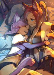 Rule 34 | 2girls, animal ear fluff, animal ears, armpits, warrior of light (ff14), black skirt, blue eyes, book, braid, breasts, cat ears, cat girl, cat tail, cleavage, closed mouth, clothing cutout, collarbone, commentary request, commission, detached sleeves, closed eyes, facial mark, final fantasy, final fantasy xiv, hide (hideout), highres, large breasts, light particles, looking at another, lying, miqo&#039;te, multiple girls, navel, navel cutout, on bed, on side, parted lips, pillow, purple hair, purple sleeves, revealing clothes, scar, scar across eye, scar on face, scar on stomach, skeb commission, skirt, sleeping, smile, tail, whisker markings, yuri