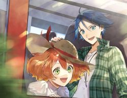 Rule 34 | 1boy, 1girl, blonde hair, blue eyes, blue hair, collared shirt, freyja wion, gradient hair, green eyes, hair ornament, hand on another&#039;s head, hat, hayate immelmann, heart, heart hair ornament, jewelry, juliet sleeves, long sleeves, looking down, macross, macross delta, multicolored hair, necklace, open mouth, orange hair, plaid, plaid shirt, popped collar, pote-mm, puffy sleeves, shirt, short hair, smile, straw hat, sun hat, train, window