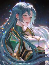Rule 34 | 1girl, armor, blue hair, blush, breasts, chloe (fire emblem), cleavage, cleavage cutout, closed mouth, clothing cutout, earrings, eyelashes, fire emblem, fire emblem engage, gold trim, green eyes, highres, jewelry, large breasts, lips, long hair, looking at viewer, medium breasts, nintendo, serafleur, shoulder armor, solo