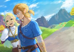Rule 34 | 1boy, 1girl, belt, blonde hair, blue eyes, blue shirt, braid, brown gloves, building, cloud, cloudy sky, cowboy shot, day, gloves, grass, hair ornament, hairclip, hand in own hair, link, long hair, looking at another, mountain, nintendo, open mouth, orange hair, outdoors, pointy ears, princess zelda, profile, road, saiba (henrietta), shirt, short ponytail, shoulder strap, sky, smile, straight hair, the legend of zelda, the legend of zelda: breath of the wild, tree, yellow eyes