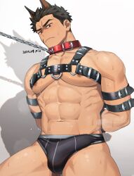 Rule 34 | 1boy, abs, animal ears, bara, bdsm, biceps, black male underwear, bondage, bound, brown eyes, brown hair, bulge, chain, chain leash, chest harness, closed mouth, collar, facial scar, fangs, frown, harness, highres, leash, male focus, male underwear, muscular, muscular male, nipples, original, pants, pectorals, restrained, rio mukiniki, scar, scar on cheek, scar on face, shadow, simple background, sweat, thick eyebrows, underwear, white background