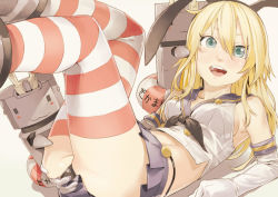 Rule 34 | 1girl, animal ears, arm support, ass, ass grab, blonde hair, breasts, crop top, elbow gloves, eyelashes, gloves, grabbing own ass, green eyes, hairband, hands on another&#039;s head, hands on ass, kantai collection, legs up, long hair, looking at viewer, lying, midriff, miniskirt, ninny-world, on back, open mouth, panties, pantyshot, rabbit ears, rensouhou-chan, shimakaze (kancolle), sideboob, simple background, skirt, solo, striped clothes, striped thighhighs, thighhighs, thong, underwear, white background, white gloves