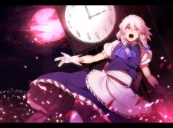 Rule 34 | 1girl, bad id, bad pixiv id, black thighhighs, braid, clock, clock tower, cloud, dutch angle, embodiment of scarlet devil, female focus, full moon, gloves, highres, irohara mitabi, izayoi sakuya, letterboxed, maid, maid headdress, moon, open mouth, outdoors, red eyes, roman numeral, short hair, silver hair, solo, thighhighs, touhou, tower, twin braids, white gloves