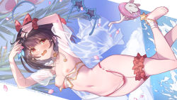 Rule 34 | 1girl, animal ears, anklet, bare shoulders, barefoot, bikini, black hair, breasts, bridal garter, cherry blossoms, choker, cleavage, cloud, fake animal ears, fanbox username, flower, foot out of frame, granblue fantasy, groin, hair flower, hair ornament, hairband, hands on own face, highres, innertube, jacket, jewelry, looking at viewer, mismatched bikini, mouse (animal), navel, open mouth, petals, red eyes, scrunchie, see-through, see-through jacket, shading eyes, short hair, sideways, small breasts, smile, solo, star-shaped eyewear, star (symbol), striped bikini, striped clothes, sunglasses, swim ring, swimsuit, tearing up, tears, thong bikini, twitter username, unworn eyewear, unworn hairband, vikala (blooming summer wallflower) (granblue fantasy), vikala (granblue fantasy), water, wavy mouth, wrist scrunchie, yellowpaint.
