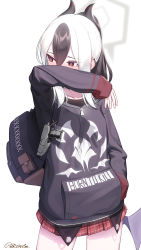 Rule 34 | 1girl, absurdres, arm up, artist logo, artist name, backpack, bag, bintz, black hair, black hoodie, blue archive, blush, collarbone, commentary request, covering own mouth, cowboy shot, ear blush, ear piercing, gun, h&amp;k p30, halo, hand in pocket, handgun, highres, holstered, hood, hoodie, horns, kayoko (blue archive), long sleeves, looking away, low wings, miniskirt, mole, mole on neck, mole on shoulder, multicolored hair, nose blush, piercing, pistol, plaid, plaid skirt, pleated skirt, ponytail, red eyes, red skirt, signature, simple background, skirt, solo, two-tone hair, weapon, white background, white hair, wings