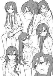 Rule 34 | 1girl, 72producer, collared shirt, cup, drinking, expressions, greyscale, hair between eyes, highres, idolmaster, idolmaster (classic), kisaragi chihaya, long hair, looking at viewer, monochrome, mug, own hands together, shirt, sitting, sketch, sleeves rolled up, smile, solo, swept bangs
