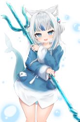Rule 34 | 1girl, absurdres, ame to ame, animal costume, animal ears, animal hood, blue eyes, blue hair, blue hoodie, blunt bangs, breasts, cat ears, fins, fish tail, gawr gura, hair ornament, highres, holding, holding trident, holding weapon, hololive, hololive english, hood, hoodie, long sleeves, looking at viewer, medium hair, multicolored hair, open mouth, polearm, shark costume, shark girl, shark hair ornament, shark hood, shark tail, short twintails, sleeves past wrists, small breasts, smile, solo, streaked hair, tail, trident, twintails, two side up, virtual youtuber, weapon, white hair, wide sleeves