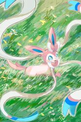 absurdres animal_focus bad_tag blue_eyes bow creatures_(company) fangs flower game_freak gen_6_pokemon grass highres looking_up lying nintendo no_humans pokemon pokemon_(creature) ribbon smile sylveon yj0i0