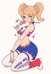 Rule 34 | 1girl, absurdres, artist name, blonde hair, blue eyes, blue shirt, blue skirt, bracelet, candy, cheerleader, cremanata, crop top, english text, food, full body, highres, holding, holding candy, holding food, holding lollipop, jewelry, juliet starling, kneeling, lollipop, lollipop chainsaw, looking at viewer, miniskirt, one eye closed, red leg warmers, shirt, short twintails, simple background, skirt, sleeveless, solo, sound effects, thighhighs, twintails, white background, white thighhighs