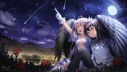Rule 34 | 10s, 2 ru, 2girls, absurdres, akemi homura, akemi homura (magical girl), artist name, bow, breasts, choker, city, city below, city lights, cityscape, cleavage cutout, clothing cutout, cloud, collared shirt, fisheye, flower, frills, from below, gem, gloves, grass, hairband, heart, highres, kaname madoka, leggings, long hair, looking up, magia record: mahou shoujo madoka magica gaiden, magical girl, mahou shoujo madoka magica, meteor shower, moon, mountain, mountainous horizon, multiple girls, night, night sky, pantyhose, pointing, pointing up, ribbon, shirt, shooting star, signature, sitting, sky, small breasts, soul gem, sparkle, spider lily, star (sky), ultimate madoka, underboob, underboob cutout, very long hair, wallpaper, wings, yuri