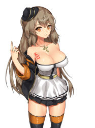 Rule 34 | 1girl, bad id, bad pixiv id, breasts, brown eyes, brown hair, cross, cross necklace, girls&#039; frontline, hat, hsd, jacket, jewelry, large breasts, long hair, looking at viewer, m37 (girls&#039; frontline), necklace, off shoulder, simple background, skirt, smile, tattoo, thighhighs, white background