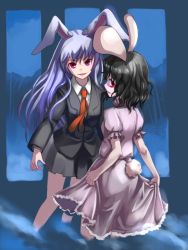 Rule 34 | 2girls, animal ears, clothes pull, dress pull, female focus, inaba tewi, mugishima orie, multiple girls, rabbit ears, rabbit girl, rabbit tail, reisen udongein inaba, standing, tail, touhou, wavy hair