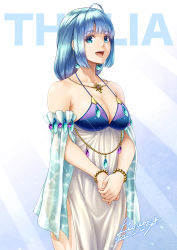Rule 34 | 1girl, ahoge, bare shoulders, blue eyes, blue hair, blue sleeves, bracelet, breasts, character name, dated, detached sleeves, dress, earrings, greek mythology, halter dress, halterneck, jewelry, large breasts, lioreo, long hair, long sleeves, looking at viewer, necklace, open mouth, original, own hands together, see-through, side slit, signature, smile, solo, thalia (lioreo), white dress