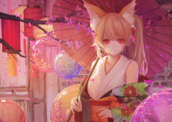 Rule 34 | 1girl, animal ears, bad id, bad pixiv id, blush, brown hair, catsmoon, closed mouth, collarbone, fox ears, holding, holding umbrella, long hair, looking at viewer, original, parasol, red eyes, smile, solo, umbrella