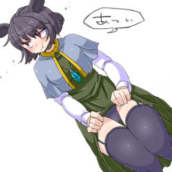 Rule 34 | 1girl, :t, aono3, black panties, capelet, clothes lift, dutch angle, garter straps, grey hair, hot, jewelry, long sleeves, looking away, nazrin, necklace, panties, red eyes, simple background, skirt, skirt lift, skirt set, solo, speech bubble, thighhighs, touhou, underwear, upskirt, white background