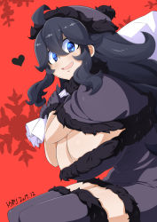 Rule 34 | 1girl, :d, @ @, alternate breast size, alternate color, black hair, black thighhighs, blue eyes, breasts, christmas, cleavage, creatures (company), dated, female focus, game freak, hat, heart, hex maniac (pokemon), huge breasts, long hair, looking at viewer, nintendo, npc trainer, open mouth, pokemon, pokemon xy, sack, shiny skin, simple background, smile, solo, thighhighs, toudori