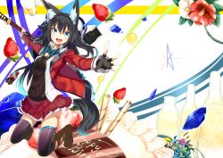 Rule 34 | 1girl, animal ears, black hair, blue eyes, blush, boots, cake, fingerless gloves, food, fox ears, fox tail, fruit, gloves, happy birthday, highres, jewelry, katana, kneeling, long hair, looking at viewer, necklace, open mouth, original, sheath, smile, solo, strawberry, sword, tail, thighhighs, weapon, yoshizawa tsubaki