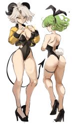 Rule 34 | 2girls, ass, character request, female focus, full body, green hair, grin, high heels, highres, looking at viewer, multiple girls, one-punch man, pale skin, rakeemspoon, simple background, smile, source request, tagme, tatsumaki
