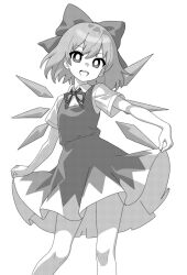 Rule 34 | 1girl, bow, cirno, clothes lift, cowboy shot, dress, dress lift, hair bow, highres, ice, ice wings, lifted by self, monochrome, neck ribbon, onkn sxkn, open mouth, pinafore dress, ribbon, shirt, short hair, sleeveless, sleeveless dress, smile, solo, touhou, white background, wings