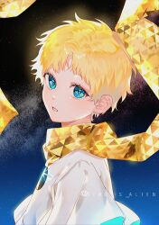 Rule 34 | 1boy, blonde hair, blue eyes, fate/grand order, fate (series), highres, male focus, night, night sky, scarf, shirt, short hair, siho is alien, sky, voyager (fate), white shirt, yellow scarf