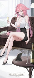 Rule 34 | 1girl, absurdres, alcohol, animal ears, bare shoulders, black footwear, black skirt, bottle, breasts, champagne bottle, champagne flute, character name, cleavage, closed mouth, copyright name, couch, crossed legs, cup, detached collar, drink, drinking glass, floppy ears, fox ears, frilled sleeves, frills, genshin impact, high-waist skirt, high heels, highres, holding, holding cup, holding drink, indoors, lamp, large breasts, looking at viewer, on couch, pencil skirt, picture frame, purple eyes, rikui (rella2930), shirt, short sleeves, sitting, skirt, smile, solo, table, thighs, white shirt, window, yae miko