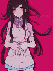 Rule 34 | 1girl, absurdres, apron, bandaged arm, bandages, breasts, character name, closed mouth, commentary request, cowboy shot, danganronpa (series), danganronpa 2: goodbye despair, frown, highres, long hair, looking at viewer, medium breasts, mole, mole under eye, nekoma hikaru, own hands together, pink background, pink eyes, pink shirt, pleated skirt, puffy short sleeves, puffy sleeves, purple hair, shirt, short sleeves, simple background, skirt, solo, tsumiki mikan, white apron