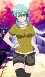 Rule 34 | 1girl, absurdres, anime coloring, aqua eyes, aqua hair, armband, asada shino, autumn, belt, belt buckle, black thighhighs, blouse, bracelet, breasts, buckle, casual, cleavage, closed mouth, clothes pull, commentary, cowboy shot, curvy, dappled sunlight, female focus, green shirt, groin, hair between eyes, hair ornament, hair ribbon, hairclip, hand on own hip, head tilt, high contrast, highres, hip focus, jewelry, large breasts, legs together, looking at viewer, medium breasts, midriff, midriff peek, narrow waist, outdoors, pants, pants pull, photo background, puffy short sleeves, puffy sleeves, ribbon, scarf, shirt, short hair, short hair with long locks, short shorts, short sleeves, shorts, shorts pull, shugo19, sinon, skindentation, skinny, solo, standing, stomach, summer, sunlight, sword art online, t-shirt, thick thighs, thigh gap, thighhighs, thighs, white scarf, wide hips