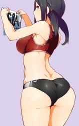 Rule 34 | 1girl, ass, bare shoulders, bebebe (pepegakii), black hair, blush, breasts, cowboy shot, curvy, from behind, highres, large breasts, long hair, looking at viewer, looking back, original, purple background, red eyes, short twintails, simple background, solo, sports bikini, sportswear, standing, twintails, wide hips