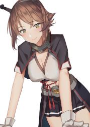 Rule 34 | 1girl, black capelet, black jacket, black skirt, blush, breasts, brown hair, capelet, cleavage, closed mouth, collar, gloves, green eyes, headgear, jacket, kantai collection, large breasts, leaning forward, looking at viewer, metal belt, mutsu (kancolle), mutsu kai ni (kancolle), navel, open clothes, open jacket, pallad, pleated skirt, short hair, simple background, skirt, smile, solo, white background, white gloves